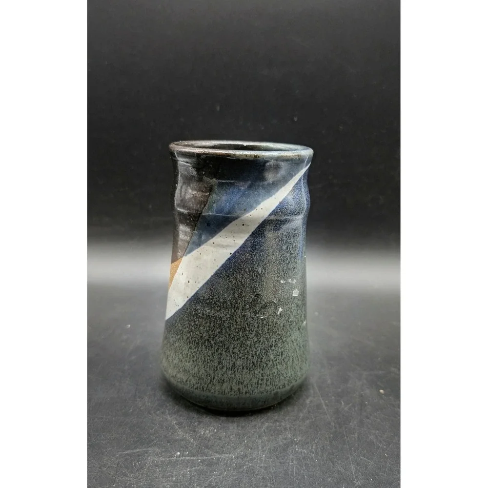 Studio Pottery Vase Abstract Multi Glaze Stoneware Vessel Signed 5.5